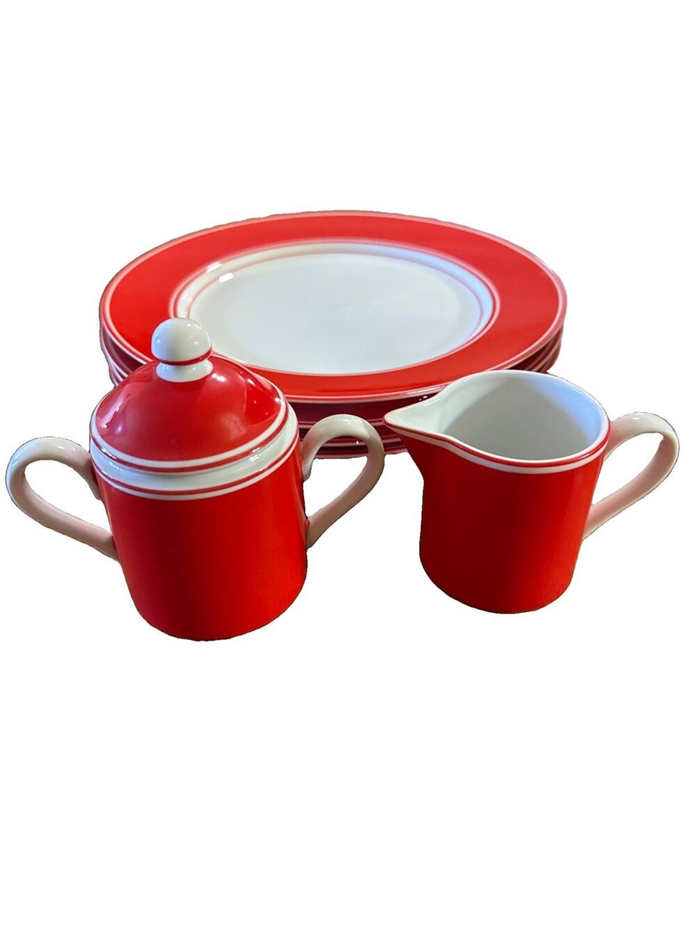 Vintage Fitz & Floyd Rondelet Rouge Four Plates, Sugar Bowl, Creamer Japan Set